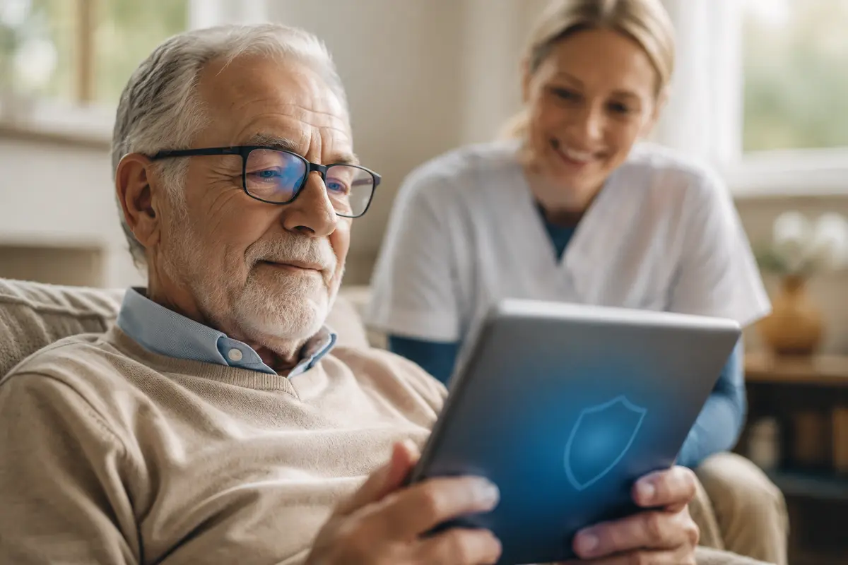 Pessoa idosa usando um tablet com segurança ao lado de uma cuidadora