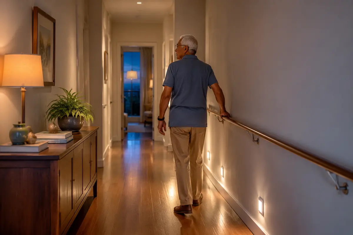 Senhor caminhando com segurança por um corredor bem iluminado e com apoio lateral