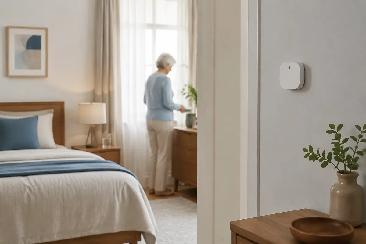 Sensor discreto instalado em um quarto acolhedor, sem câmeras apontadas para a pessoa