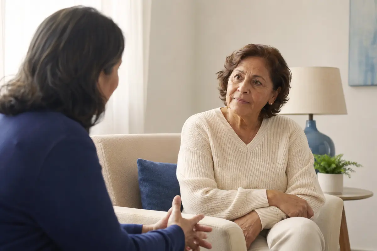 Senhora conversando com um familiar sobre mudanças em sua rotina dentro de casa