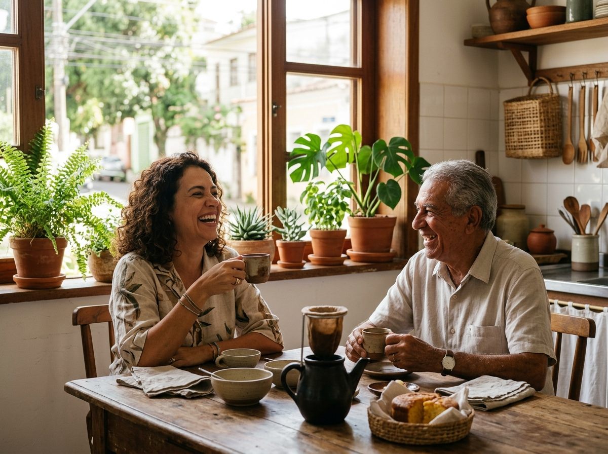 Filha adulta e pai idoso rindo juntos durante o café da manhã em uma cozinha iluminada