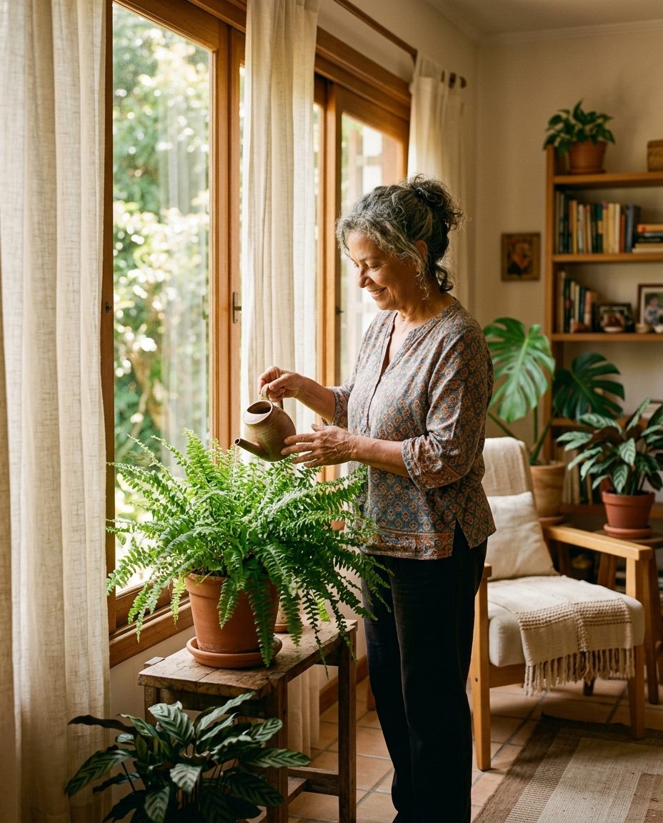 Senhora serena regando uma samambaia perto da janela, em uma sala acolhedora com luz natural da manhã